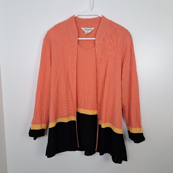 Misook Orange Yellow Black Stripe Ribbed Sweater Set Cardigan + Tank Top Size M - Picture 1 of 6